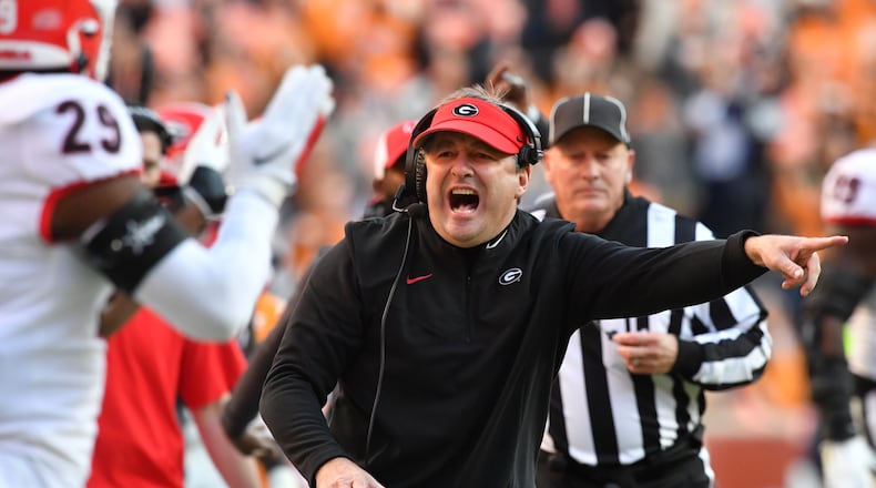 Georgia coach Kirby Smart's team was third in the initial College Football Playoff rankings that were announced Tuesday night. (Hyosub Shin / Hyosub.Shin@ajc.com)