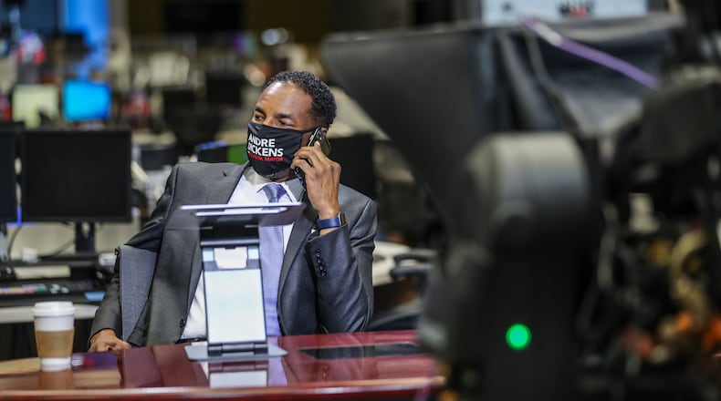 Mayoral runoff hopeful Andre Dickens visits WSB-TV on Wednesday morning, Nov. 3, 2021. (John Spink / John.Spink@ajc.com)
