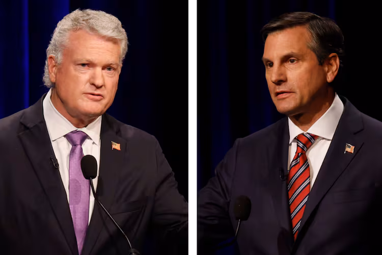 U.S. Rep Mike Collins (left) and former football coach Derek Dooley, both Republican candidates for the U.S. Senate, spoke at the Atlanta Press Club Loudermilk-Young debate last month. (Miguel Martinez/AJC)