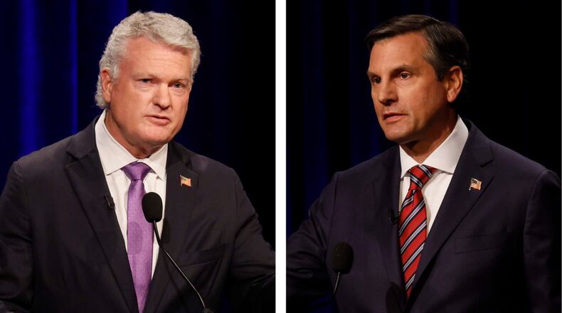 U.S. Rep Mike Collins (left) and former football coach Derek Dooley, both Republican candidates for the U.S. Senate, spoke at the Atlanta Press Club Loudermilk-Young debate last month. (Miguel Martinez/AJC)