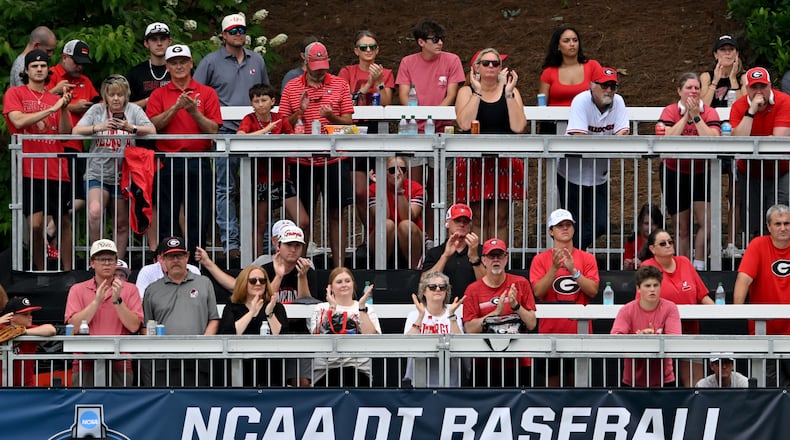 Georgia fans cheer during the first inning of their NCAA Regional game at Foley Field, Friday, May 29, 2026, in Athens. (Hyosub Shin/AJC)