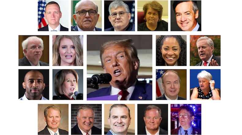 Former President Donald Trump and 18 other defendants facing racketeering and other felonies by a Fulton County grand jury. Top row, from left: Michael Roman, Rudy Giuliani, David Shafer, Misty Hampton and Kenneth Chesebro. Second row, from left: John Eastman, Jenna Ellis, Donald Trump, Trevian Kutti and Mark Meadows. Third row from left: Harrison Floyd, Sidney Powell, Jeffrey Clark, Cathy Latham. Fourth row, from left: Ray Smith, Bob Cheeley, Shawn Still, Scott Hall and Stephen Lee.