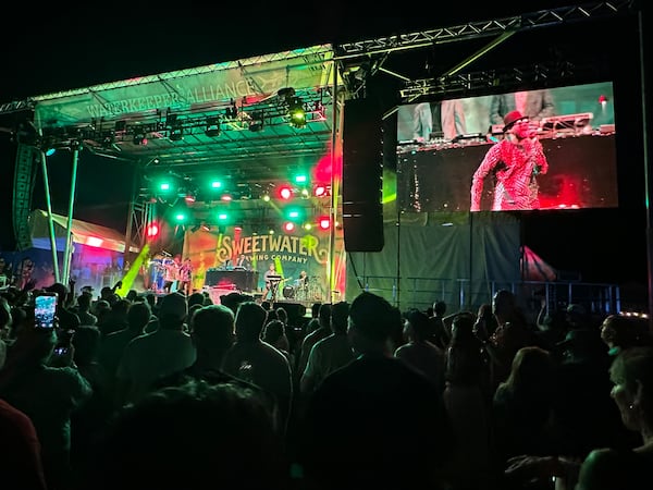 Saturday headliner Thievery Corporation plays at the SweetWater 420 Festival on Saturday, April 18, 2026, at Shirley Clarke Franklin Park in Atlanta. (Rodney Ho/AJC)