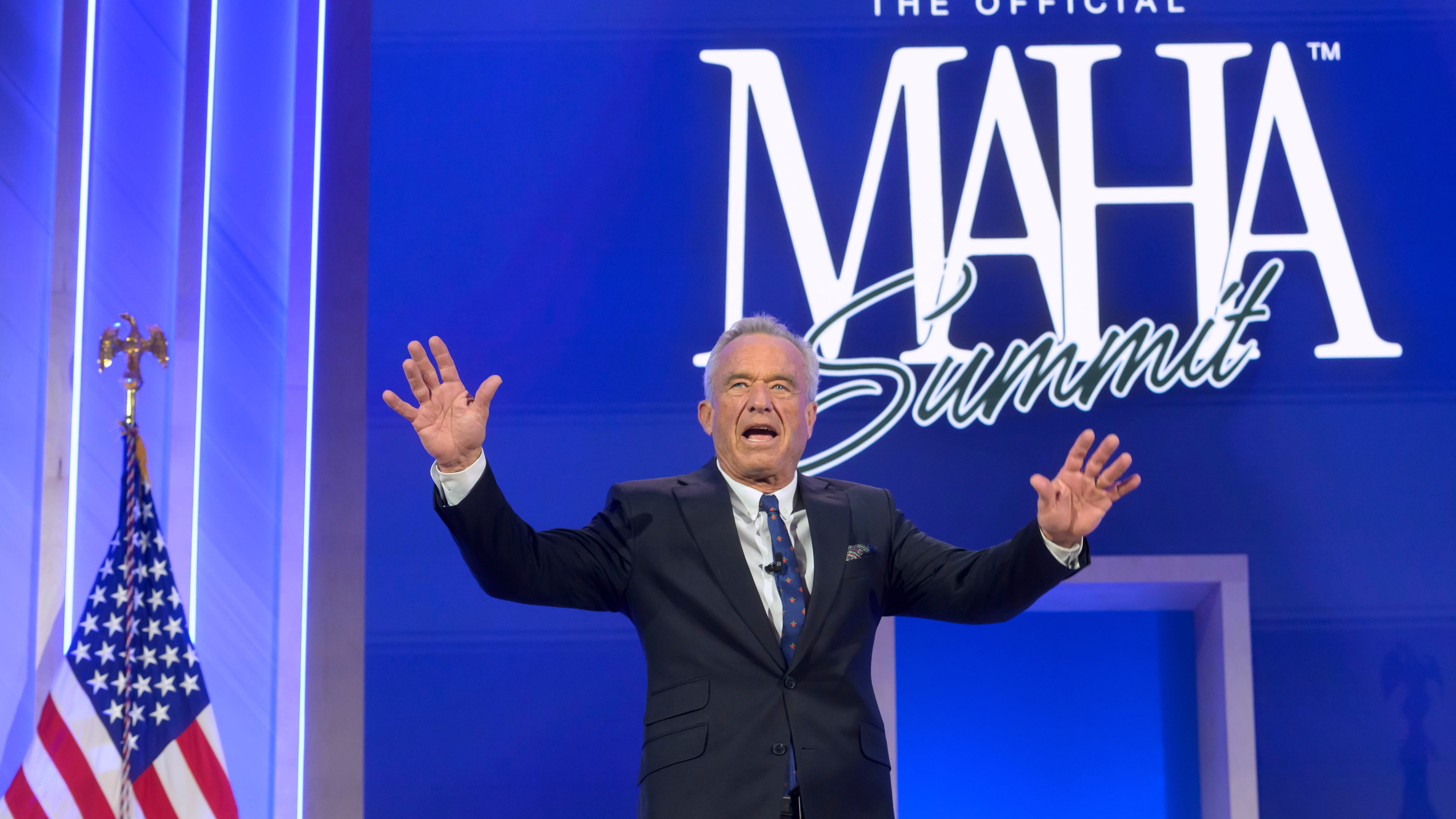 Health and Human Services Secretary Robert F. Kennedy, Jr., arrives on stage at the inaugural Make America Healthy Again summit at the Waldorf Astoria, Wednesday, Nov. 12, 2025, in Washington. (AP Photo/Rod Lamkey, Jr.)