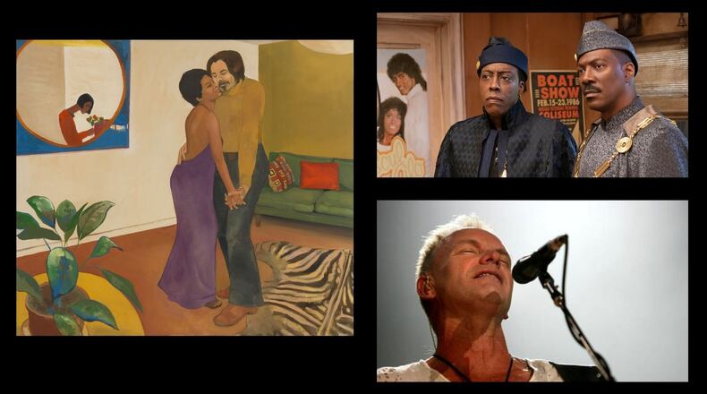 Upcoming events in 2021 include (clockwise from left) an Emma Amos retrospective at the Georgia Museum of Art, the release of "Coming 2 America" with Arsenio Hall and Eddie Murphy and a new album from Sting.
Courtesy of Courtesy of Cleveland Museum of Art / John L. Severance Fund / Amazon Studios / AJC File