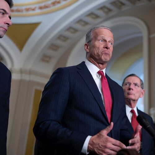 Senate Majority Leader John Thune, R-S.D., flanked by Sen. Tom Cotton, R-Ark., left, and Sen. John Barrasso, R-Wyo., speaks to reporters following a closed-door party meeting, at the Capitol in Washington, Tuesday, April 21, 2026. (AP Photo/J. Scott Applewhite)