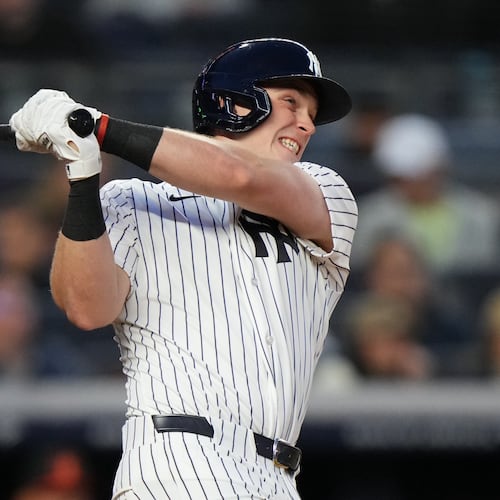 New York Yankees' Ben Rice follows through on a three-run home run during the second inning of a baseball game against the Baltimore Orioles Friday, May 1, 2026, in New York. (AP Photo/Frank Franklin II)