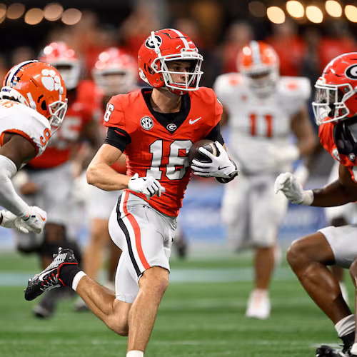 Georgia wide receiver London Humphreys (16) makes a move after a catch during the second half in an NCAA football game at Mercedes-Benz Stadium, Saturday, August 31, 2024, in Atlanta. Georgia won 34-3 over Clemson. (Hyosub Shin/AJC)