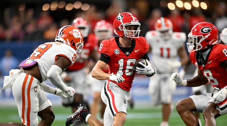 Georgia wide receiver London Humphreys (16) makes a move after a catch during the second half in an NCAA football game at Mercedes-Benz Stadium, Saturday, August 31, 2024, in Atlanta. Georgia won 34-3 over Clemson. (Hyosub Shin / AJC)