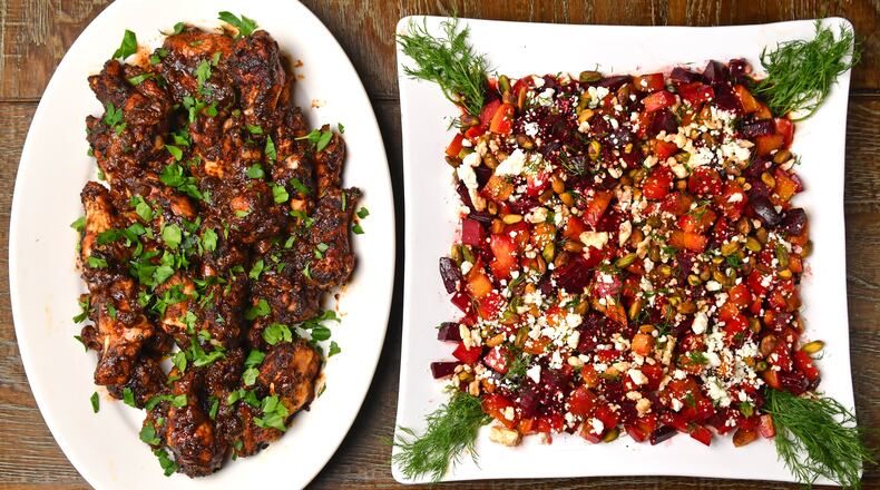 There are plenty of ways to incorporate coffee into dishes. Shown here are Chile Coffee Sticky Wings (left) and Roasted Beets with Balsamic Coffee Glaze, both by Adriana Frazier, director of operations and innovation of Suwanee-based Volcanica Coffee. (Styling by Adriana Frazier / Chris Hunt for the AJC)