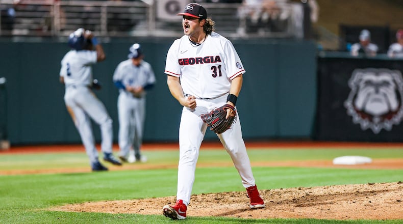 Georgia reliever Jack Gowen reacts after recording an out late in the Bulldogs' 7-2 win over Georgia Southern on Tuesday. No. 23 Georgia plays host to No. 16 Florida in a three-game series in Athens that starts Thursday night. (Photo by Tony Walsh/UGAA)
