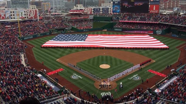 Photo taken with my iPhone at 12:50 p.m. today during National Anthem here at Nats Park. (You can see Capitol Building in upper left corner.)
