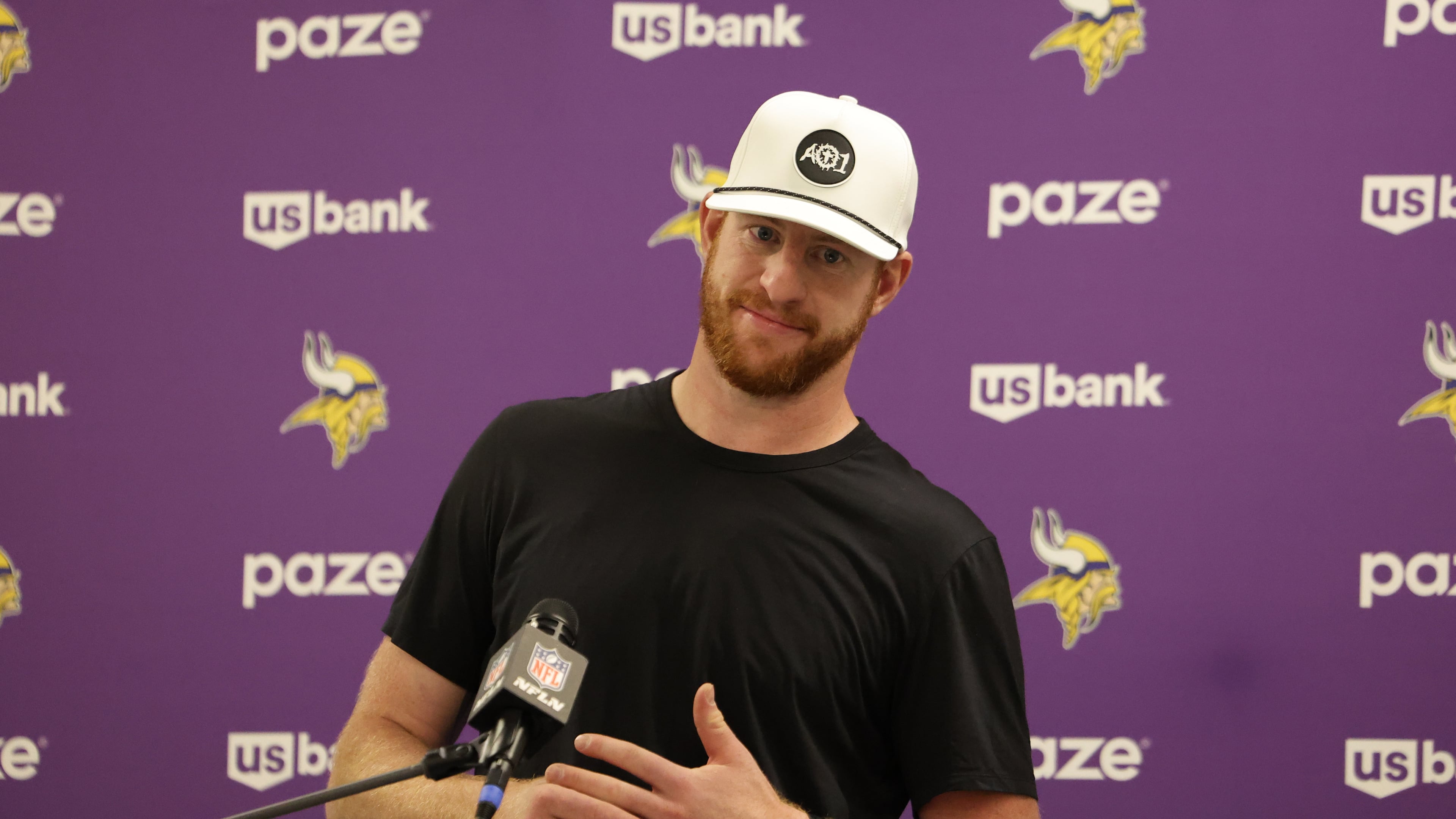 Minnesota Vikings quarterback Carson Wentz answers questions after an NFL football game against the Los Angeles Chargers Thursday, Oct. 23, 2025, in Inglewood, Calif. (AP Photo/Jessie Alcheh)