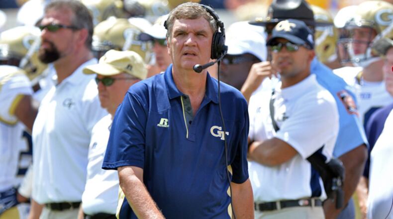 August 30, 2014 Atlanta - Georgia Tech Yellow Jackets head coach Paul Johnson instructs from sideline in the first half of the Georgia Tech season opener against the Wofford Terriers at Bobby Dodd Stadium on Saturday, August 30, 2014. HYOSUB SHIN / HSHIN@AJC.COM Paul Johnson wants to see improvement today against Georgia Southern. (Hyoub Shin/AJC)