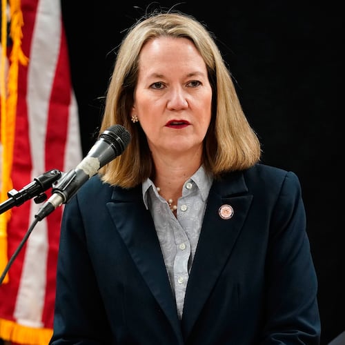 FILE - Arizona Attorney General Kris Mayes speaks at the Arizona State Prison, March 19, 2025, in Florence, Ariz. (AP Photo/Darryl Webb, File)