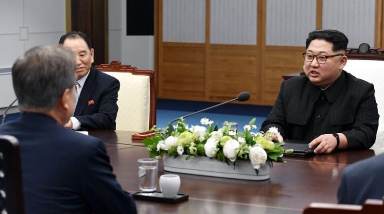 North Koraen Leader Kim Jong Un, right, spoke with South Korean President Moon Jae-in in April.
