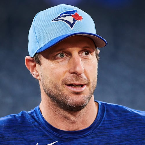 Toronto Blue Jays' Max Scherzer (31) looks on before batting practice Saturday, Oct. 18, 2025, in Toronto, ahead of Sunday's Game 6 in baseball's American League Championship Series against the Seattle Mariners. (Sammy Kogan/The Canadian Press via AP)