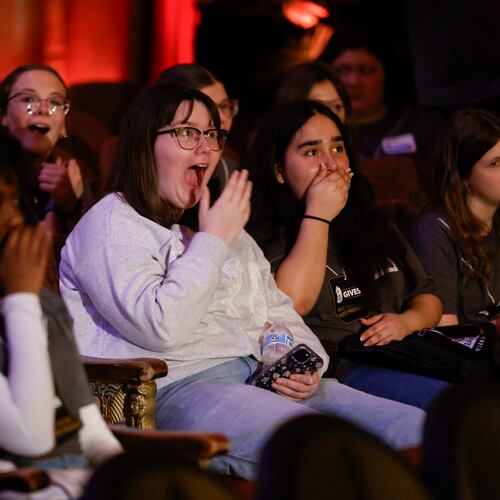 High school students enjoy a demonstration by organist Ken Double at a shadowing day at the Fox Theatre in Atlanta on Monday, March 23, 2026. (Arvin Temkar/AJC)