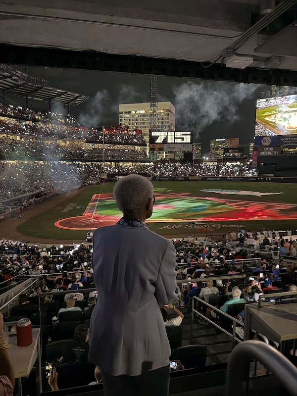 Billye Aaron, widow of Braves legend Hank Aaron, watches the tribute to her late husband at the All-Star Game July 15, 2025 at Truist Park. (Photo courtesy of the Atlanta Braves)