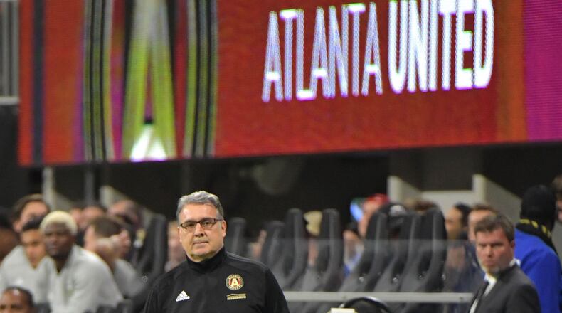 Atlanta United manager Gerardo Martino on the sidelines during the MLS Cup Saturday, Dec. 8, 2018, at Mercedes-Benz Stadium in Atlanta.