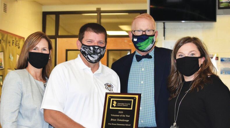 Brian Tomalavage, the Free Home Elementary School Volunteer of the Year, is the Cherokee County School District 2020 Volunteer of the Year are, from left to right, former Free Home ES Principal Kim Hagood, who nominated him for the award and now is Principal at Carmel ES; Mr. Tomalavage; Superintendent of Schools Dr. Brian V. Hightower; and Free Home ES Principal Julie Peppers.