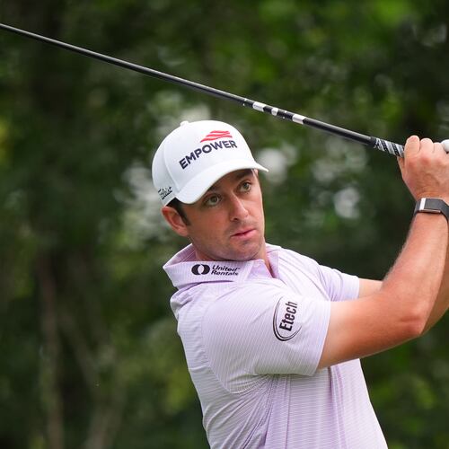 FILE - Davis Riley watches his tee shot on the ninth hole during the first round of the Charles Schwab Challenge golf tournament at Colonial Country Club in Fort Worth, Texas, Thursday, May 28, 2026. (AP Photo/LM Otero,File)