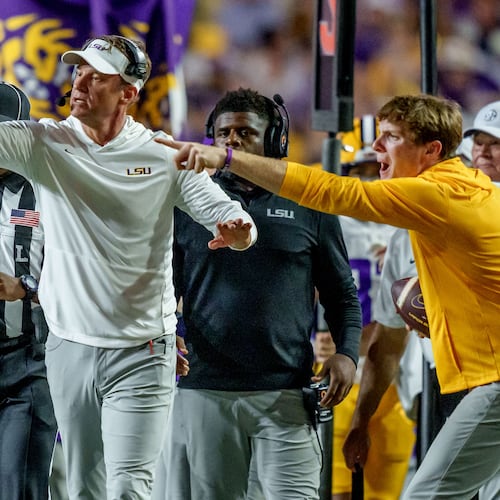 LSU head coach Lane Kiffin reacts during an NCAA college football game in Baton Rouge, La., Saturday, Sept. 5, 2026. (Matthew Hinton/AP)