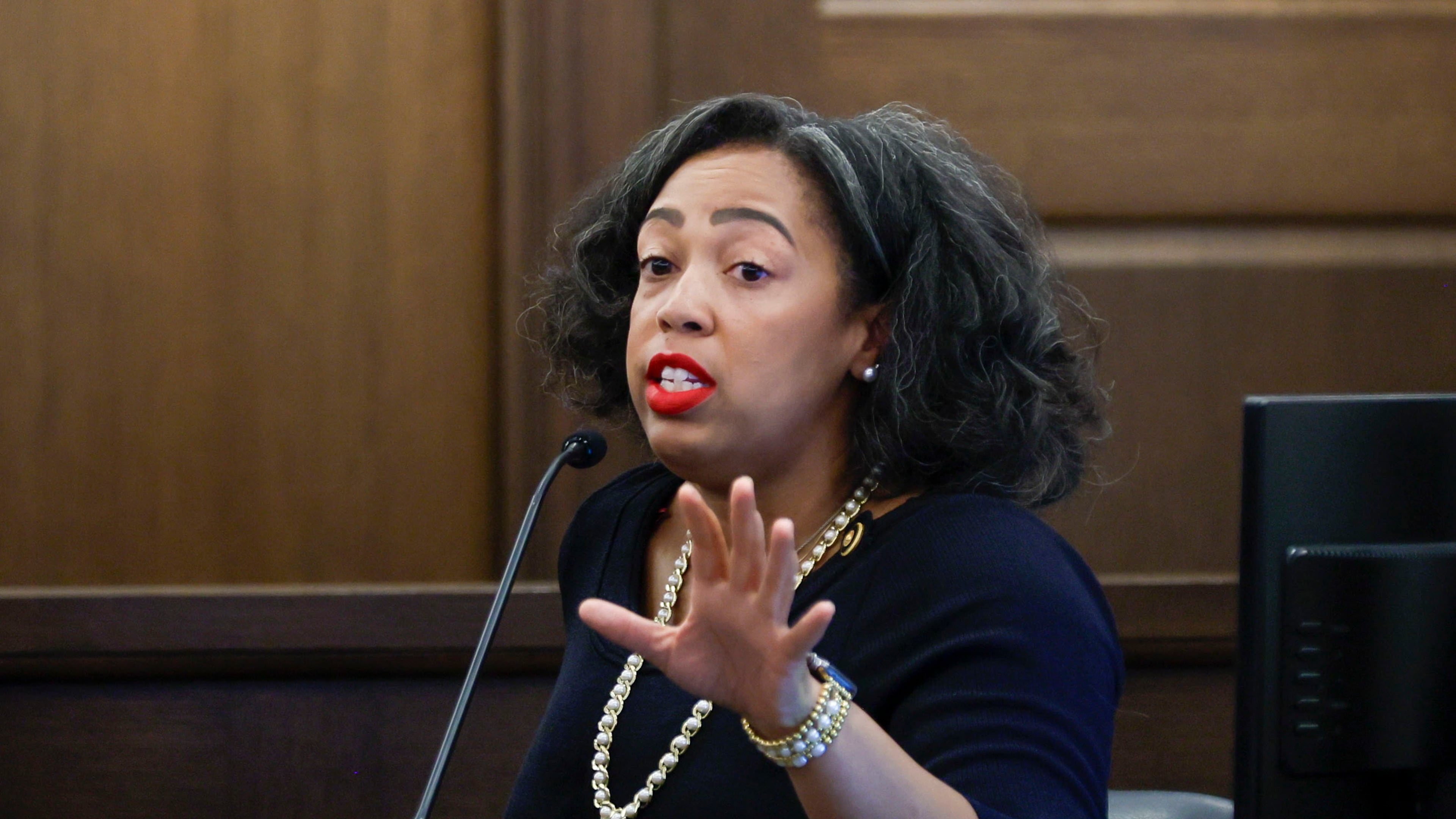 Fulton County Superior Court Judge Shermela Williams testifies before the hearing panel of the Georgia Judicial Qualifications Commission on Wednesday, May 21, 2025. Williams is being sued by a young woman she jailed during a 2023 divorce hearing. (Miguel Martinez/AJC)