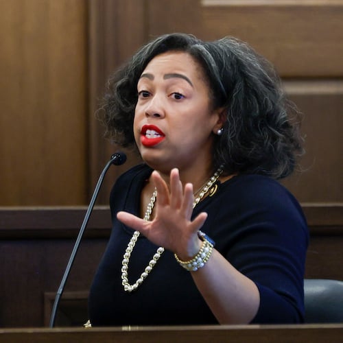 Fulton County Superior Court Judge Shermela Williams testifies before the hearing panel of the Georgia Judicial Qualifications Commission on Wednesday, May 21, 2025. Williams is being sued by a young woman she jailed during a 2023 divorce hearing. (Miguel Martinez/AJC)