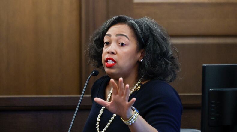 Fulton County Superior Court Judge Shermela Williams testifies before the hearing panel of the Georgia Judicial Qualifications Commission on Wednesday, May 21, 2025. Williams is being sued by a young woman she jailed during a 2023 divorce hearing. (Miguel Martinez/AJC)