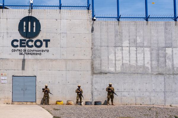 FILE - The exterior of the Terrorist Confinement Center as Homeland Security Secretary Kristi Noem arrives, in Tecoluca, El Salvador, Wednesday, March 26, 2025. (AP Photo/Alex Brandon, File)