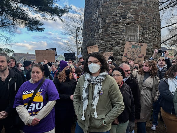 Hundreds of people gather on Wednesday, March 26, 2025 in Somerville, Mass. to demand the release of Rumeysa Ozturk, a Turkish student at Tufts University, who was arrested by federal agents Tuesday night. (AP Photo/Michael Casey)