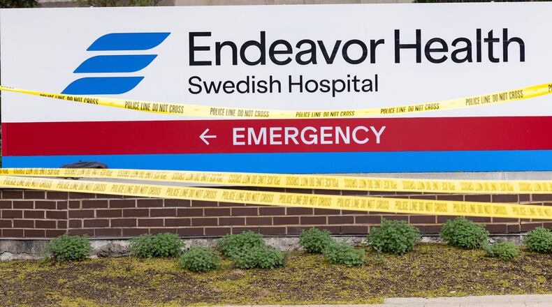 Tape covers the area outside of Endeavor Health Swedish Hospital in Chicago, Saturday, April 25, 2026, after a shooting. (Anthony Vazquez/Chicago Sun-Times via AP)