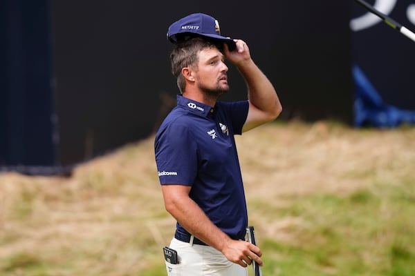 USA's Bryson DeChambeau on the 18th green during the final round of the British Open golf championship at the Royal Portrush Golf Club, Northern Ireland, Sunday, July 20, 2025. (Mike Egerton/PA via AP)