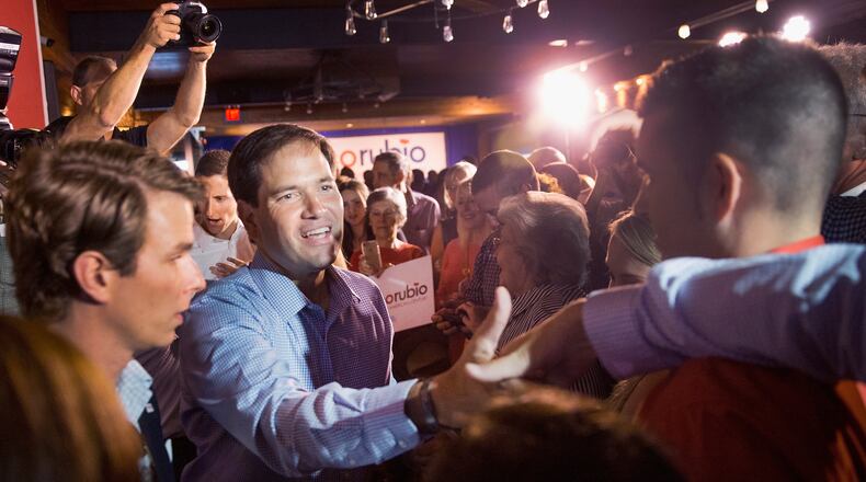 Republican presidential candidate Sen. Marco Rubio, R-Fla., greets guests gathered for a campaign event in Cleveland, Ohio, on Wednesday. Scott Olson/Getty Images