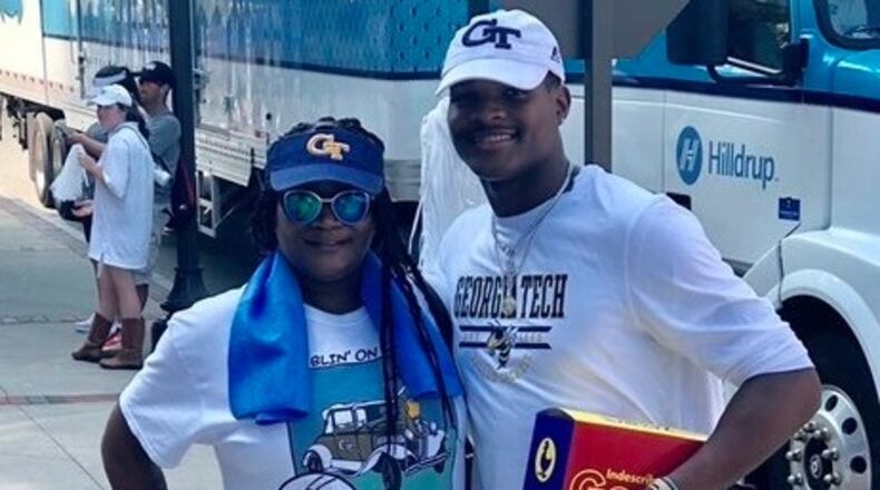 Georgia Tech safety Tariq Carpenter with his mother Demetria Fiffie outside Bobby Dodd Stadium. (Courtesy Demetria Fiffie)