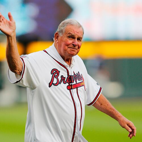 FILE - Former Atlanta Braves manager Bobby Cox is honored during a ceremony before a baseball game between the Braves and the San Diego Padres in Atlanta, April 14, 2017. (AP Photo/John Bazemore, File)