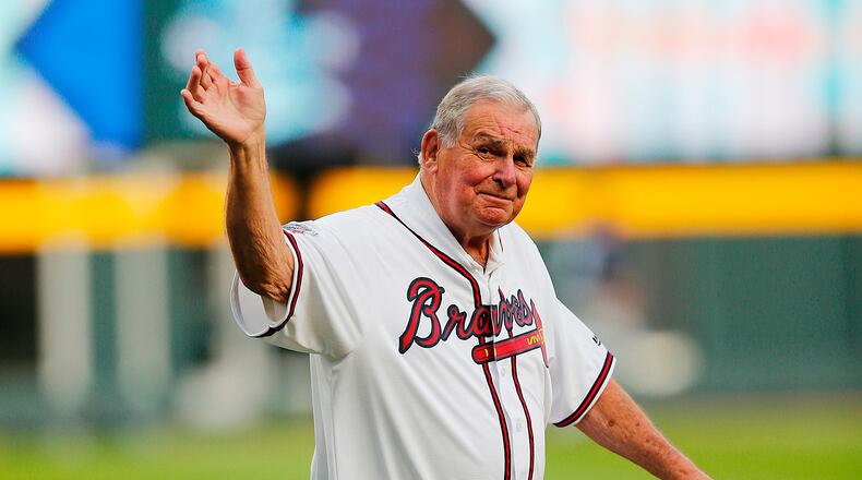 FILE - Former Atlanta Braves manager Bobby Cox is honored during a ceremony before a baseball game between the Braves and the San Diego Padres in Atlanta, April 14, 2017. (AP Photo/John Bazemore, File)