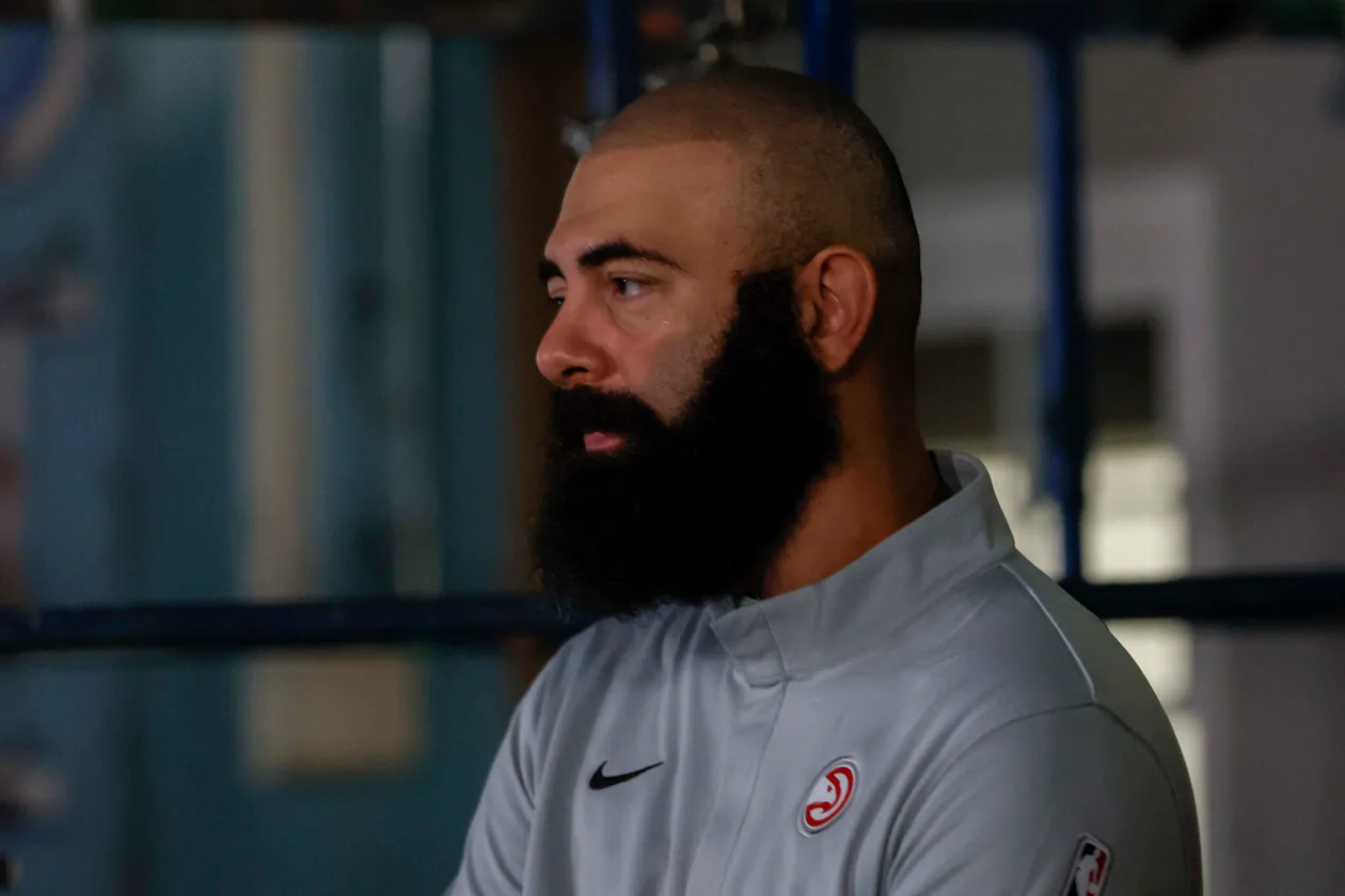 Atlanta Hawks general manager Onsi Saleh listens to Atlanta Hawks head coach Quin Snyder as Snyder speaks during media day at PC&E Atlanta on Sept. 29, 2025, in Atlanta.
(Miguel Martinez/AJC)