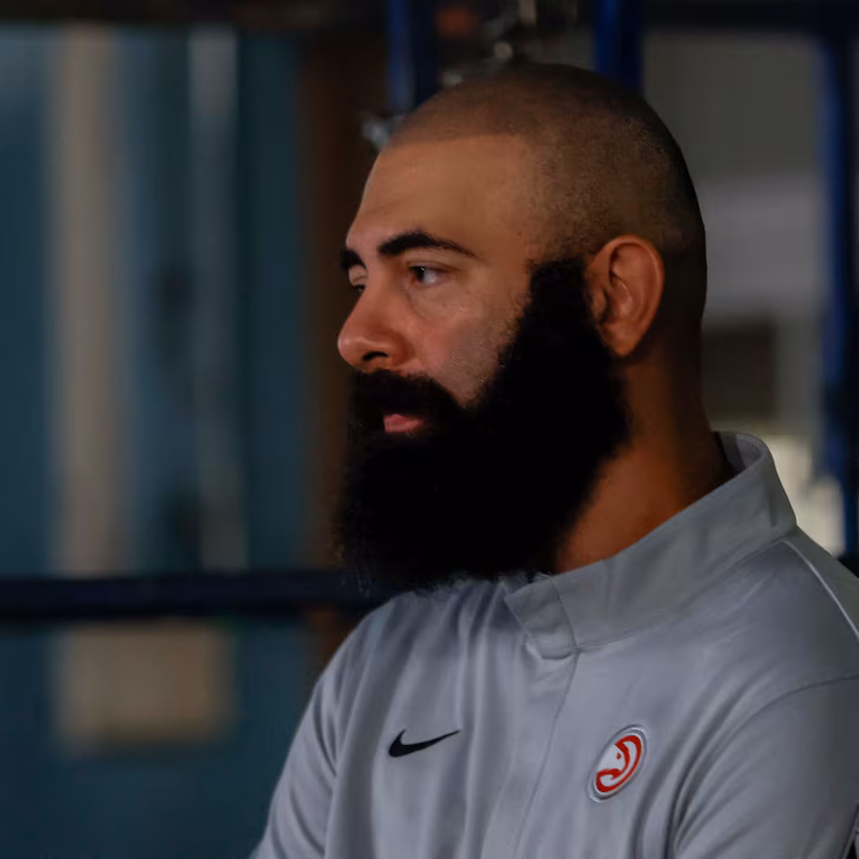 Atlanta Hawks general manager Onsi Saleh listens to Atlanta Hawks head coach Quin Snyder as Snyder speaks during media day at PC&E Atlanta on Sept. 29, 2025, in Atlanta.
(Miguel Martinez/AJC)