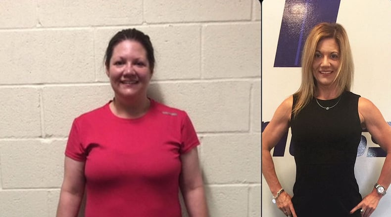 In the photo on the left, taken in March 2017, Melissa Bachman weighed 179 pounds. In the photo on the right, taken in April, she weighed 123 pounds. (Photos contributed by Mizelle Sarno with SFX Fitness in Roswell)