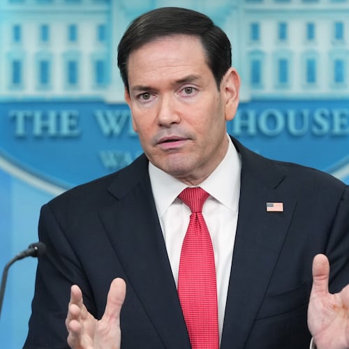 Secretary of State Marco Rubio speaks during a press briefing in the James Brady Press Briefing Room at the White House in Washington, Tuesday, May 5, 2026. (AP Photo/Mark Schiefelbein)