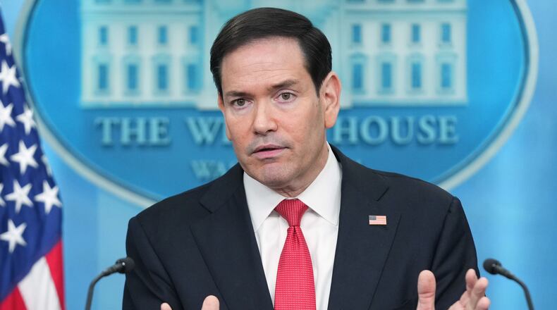 Secretary of State Marco Rubio speaks during a press briefing in the James Brady Press Briefing Room at the White House in Washington, Tuesday, May 5, 2026. (AP Photo/Mark Schiefelbein)
