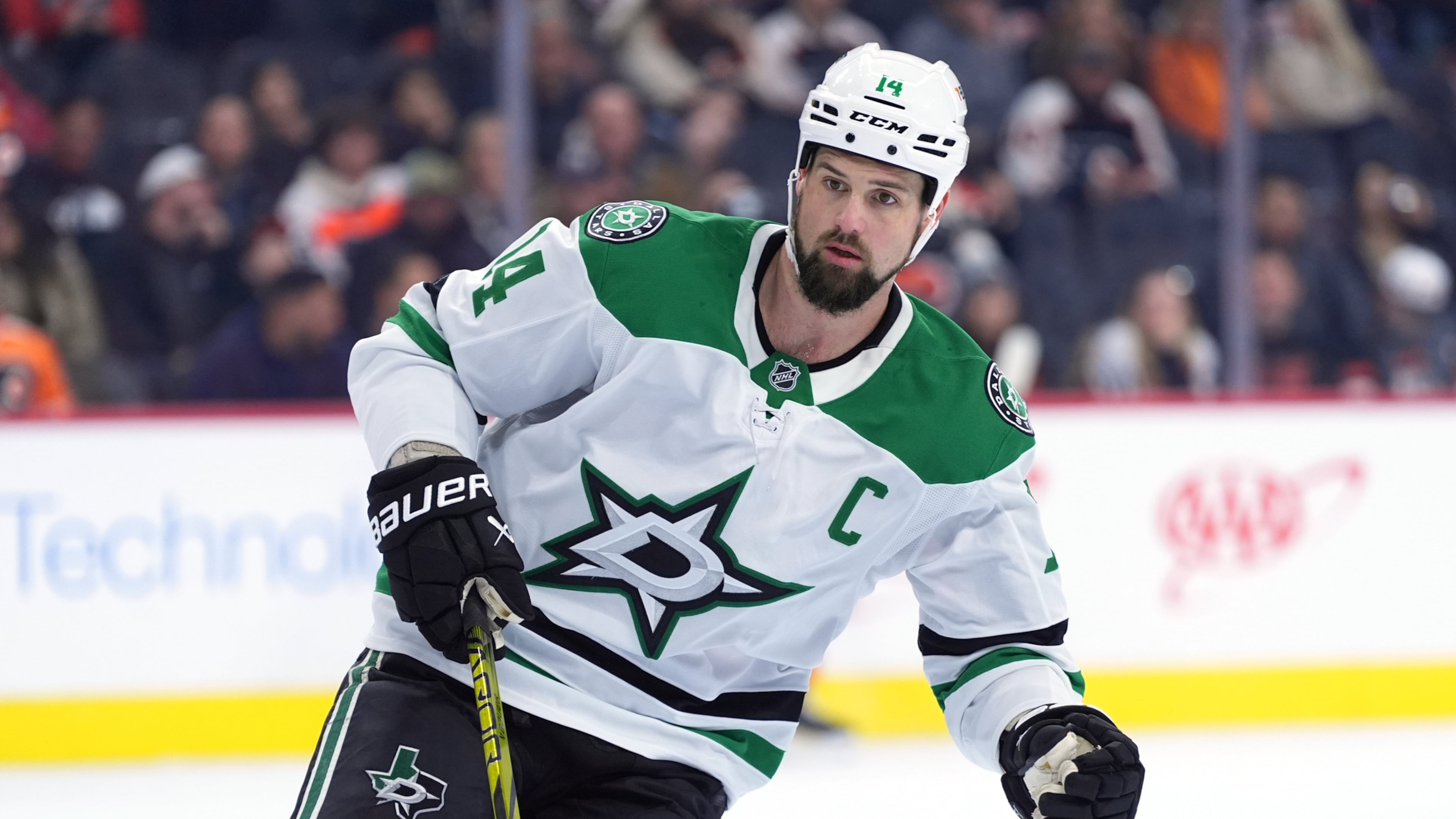 FILE - Dallas Stars' Jamie Benn skates during an NHL hockey game, Thursday, Jan. 9, 2025, in Philadelphia. (AP Photo/Matt Slocum, File)