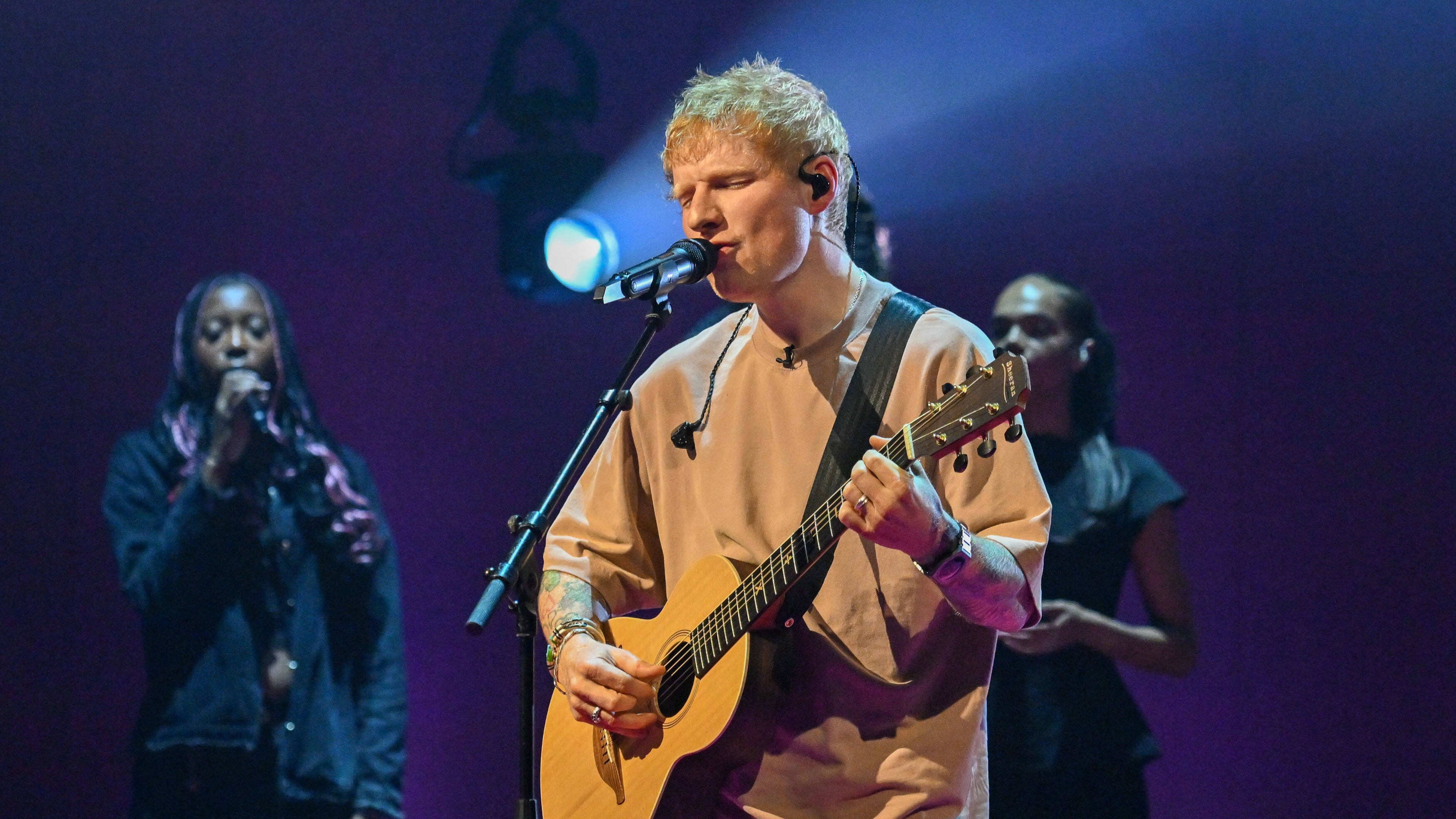 Ed Sheeran performs during filming for the Graham Norton Show, at BBC Studioworks 6 Television Centre, Wood Lane, in London, Thursday, Nov. 6, 2025, to be aired on BBC One on Friday evening. (Jas Lehal/PA via AP)