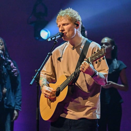 Ed Sheeran performs during filming for the Graham Norton Show, at BBC Studioworks 6 Television Centre, Wood Lane, in London, Thursday, Nov. 6, 2025, to be aired on BBC One on Friday evening. (Jas Lehal/PA via AP)