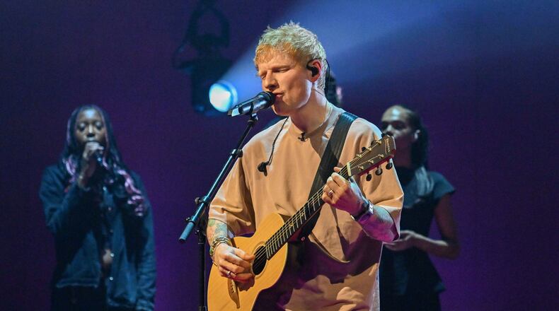 Ed Sheeran performs during filming for the Graham Norton Show, at BBC Studioworks 6 Television Centre, Wood Lane, in London, Thursday, Nov. 6, 2025, to be aired on BBC One on Friday evening. (Jas Lehal/PA via AP)