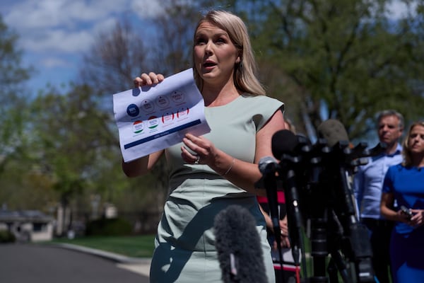 White House press secretary Karoline Leavitt speaks with reporters at the White House, Monday, March 31, 2025, in Washington. (AP Photo/Evan Vucci)