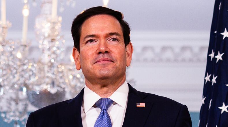 Secretary of State Marco Rubio arrives with Austrian Foreign Minister Beate Meinl-Reisinger, not shown, to the Treaty Room at the State Department, Tuesday, Aug. 11, 2026, in Washington. (AP Photo/Tierney L. Cross)