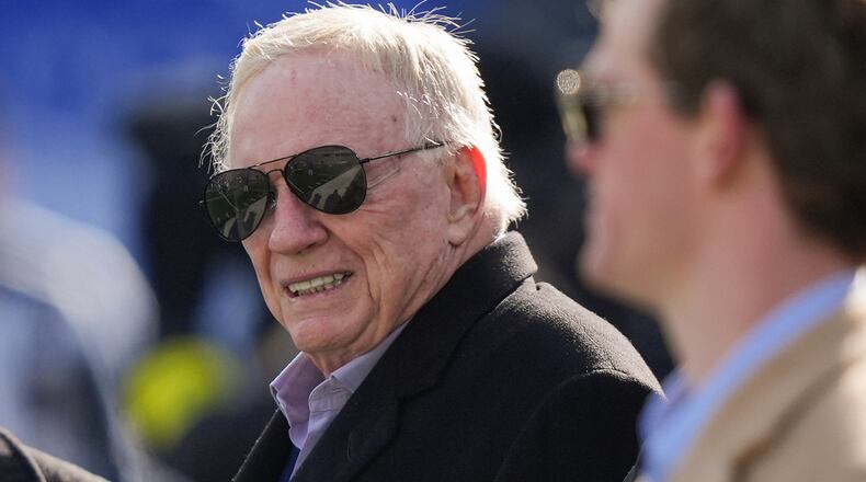 Dallas Cowboys owner Jerry Jones walks on the field before an NFL football game between the New York Giants and the Dallas Cowboys, Sunday, Jan. 4, 2026, in East Rutherford, N.J. (AP Photo/Frank Franklin II)
